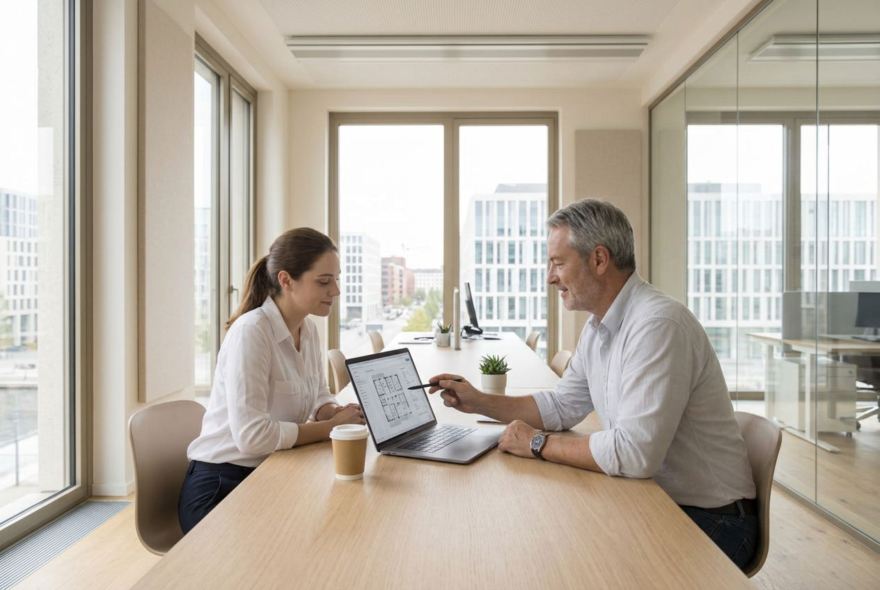Zwei Mitarbeitende der WEG-Verwaltung arbeiten gemeinsam in einem modernen Büro